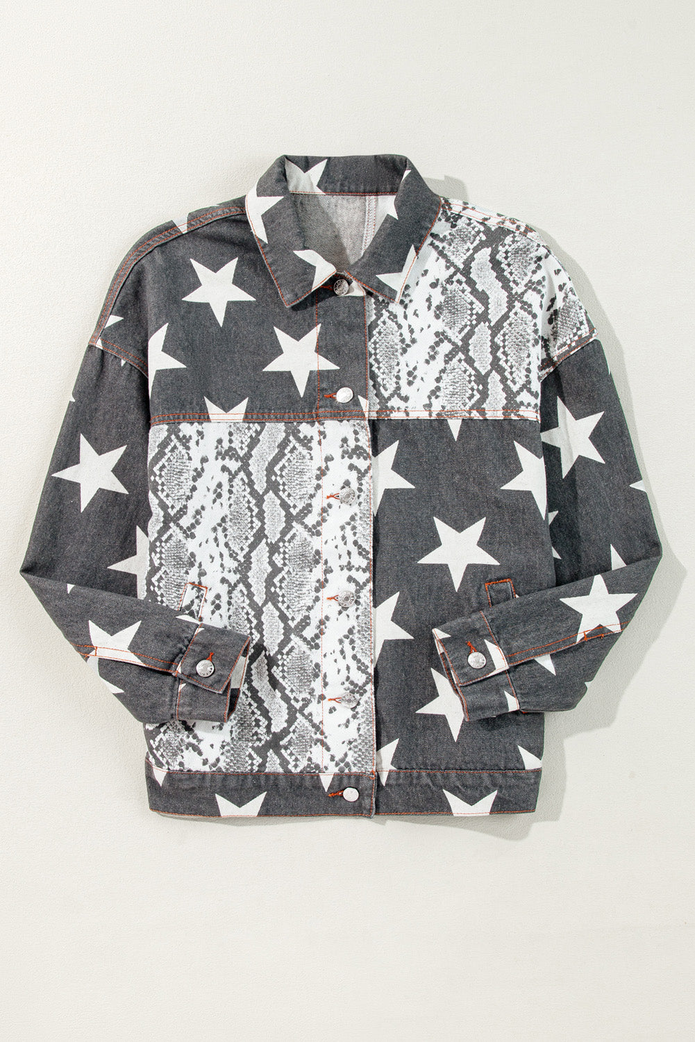 Black Star Snakeskin Printed Patchwork Denim Jacket - Glimmer Road