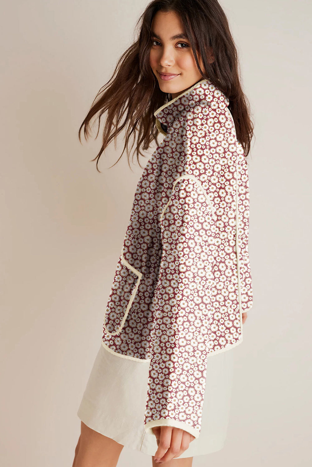 Pink Floral Print Contrast Edge Stand Neck Coat - Glimmer Road