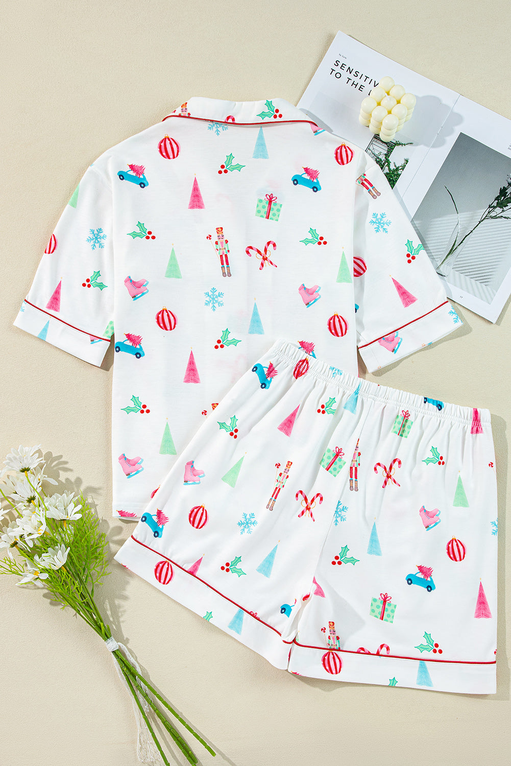 White Christmas Print Short Sleeve Shirt and Shorts Pajama Set - Glimmer Road