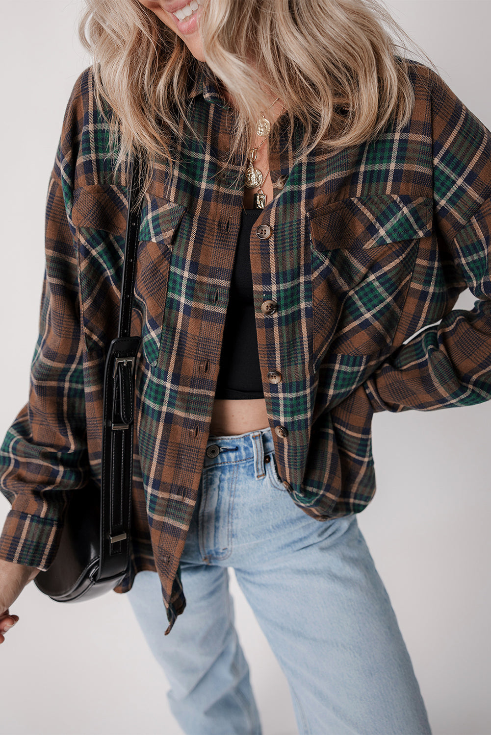 Brown Plaid Print Chest Pockets Buttoned Shirt Jacket - Glimmer Road