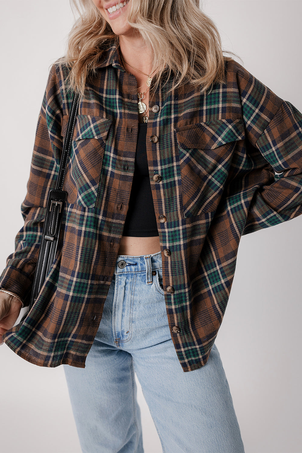 Brown Plaid Print Chest Pockets Buttoned Shirt Jacket - Glimmer Road