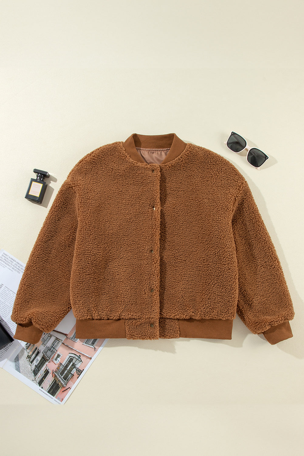Redwood Burl Sherpa Ribbed Baseball Collar Bomber Jacket - Glimmer Road