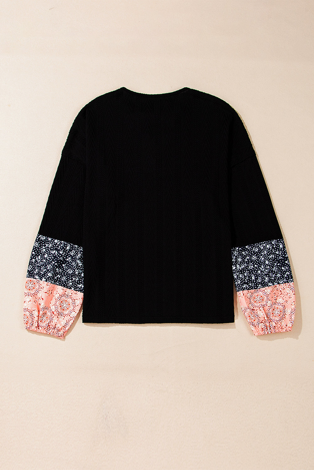 Black Floral Patchwork Textured Knit Drawstring V Neck Blouse - Glimmer Road