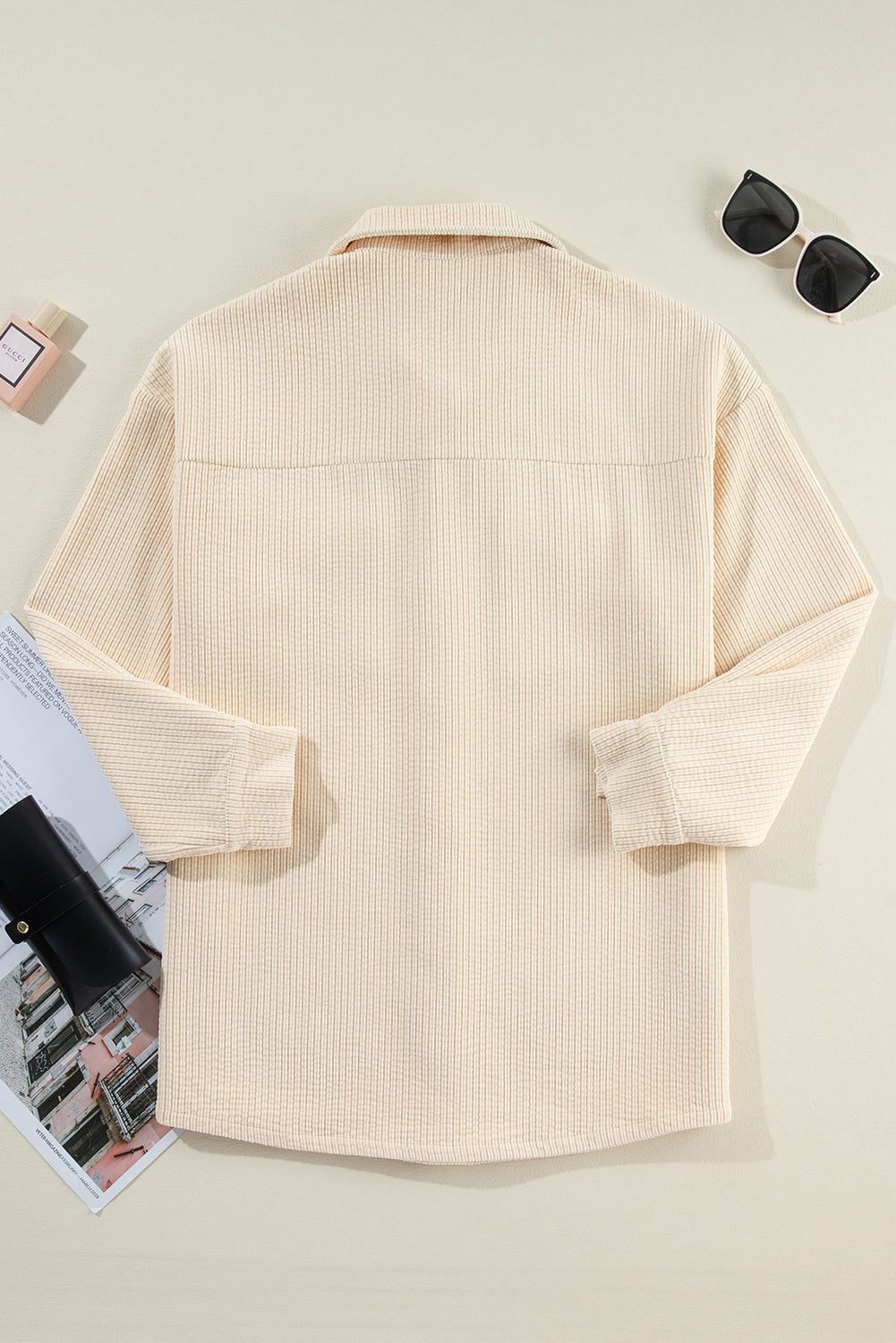Oatmeal Corduroy Flap Pocket Button Up Shacket - Glimmer Road