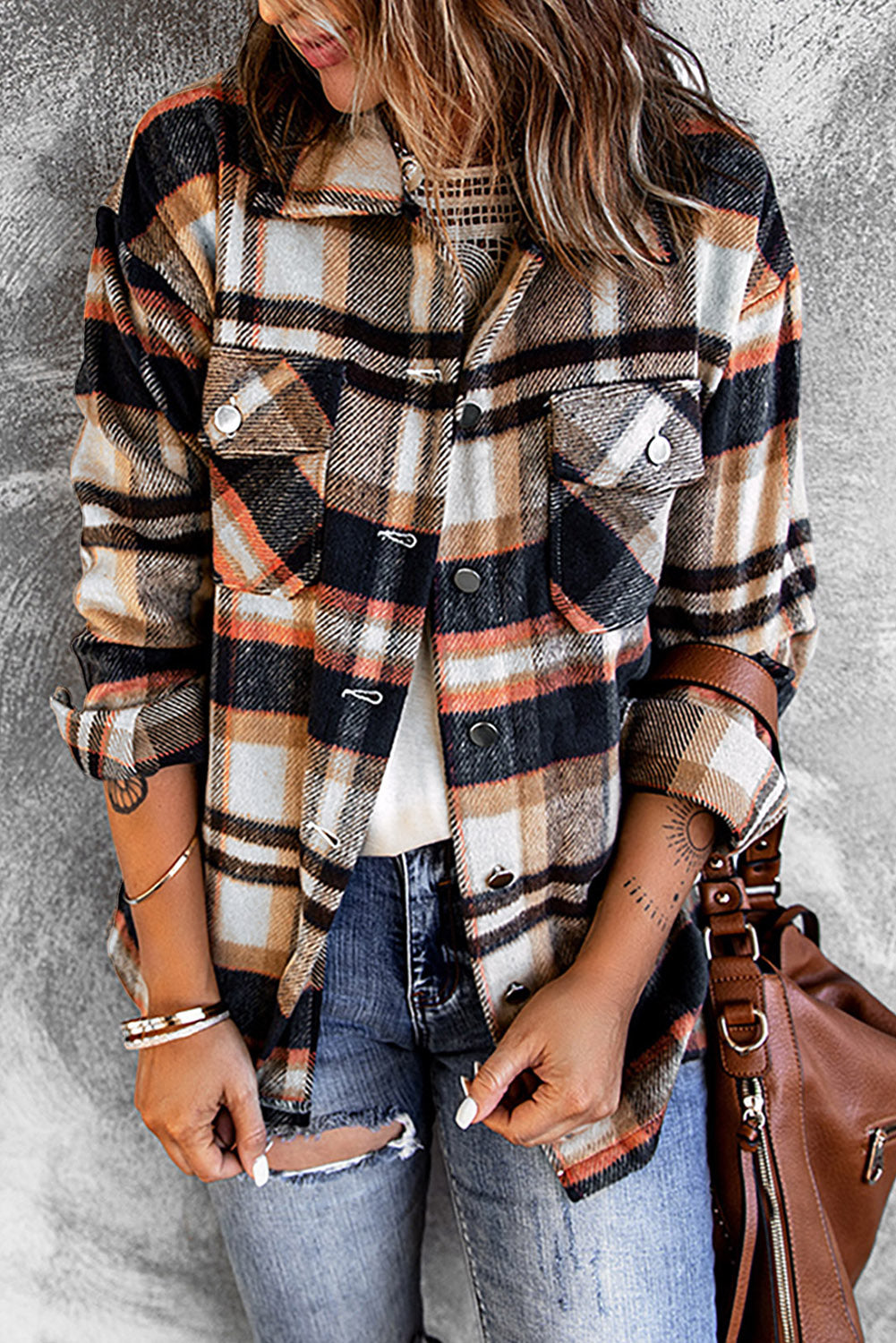 Geometric Plaid Print Pocketed Shacket - Glimmer Road