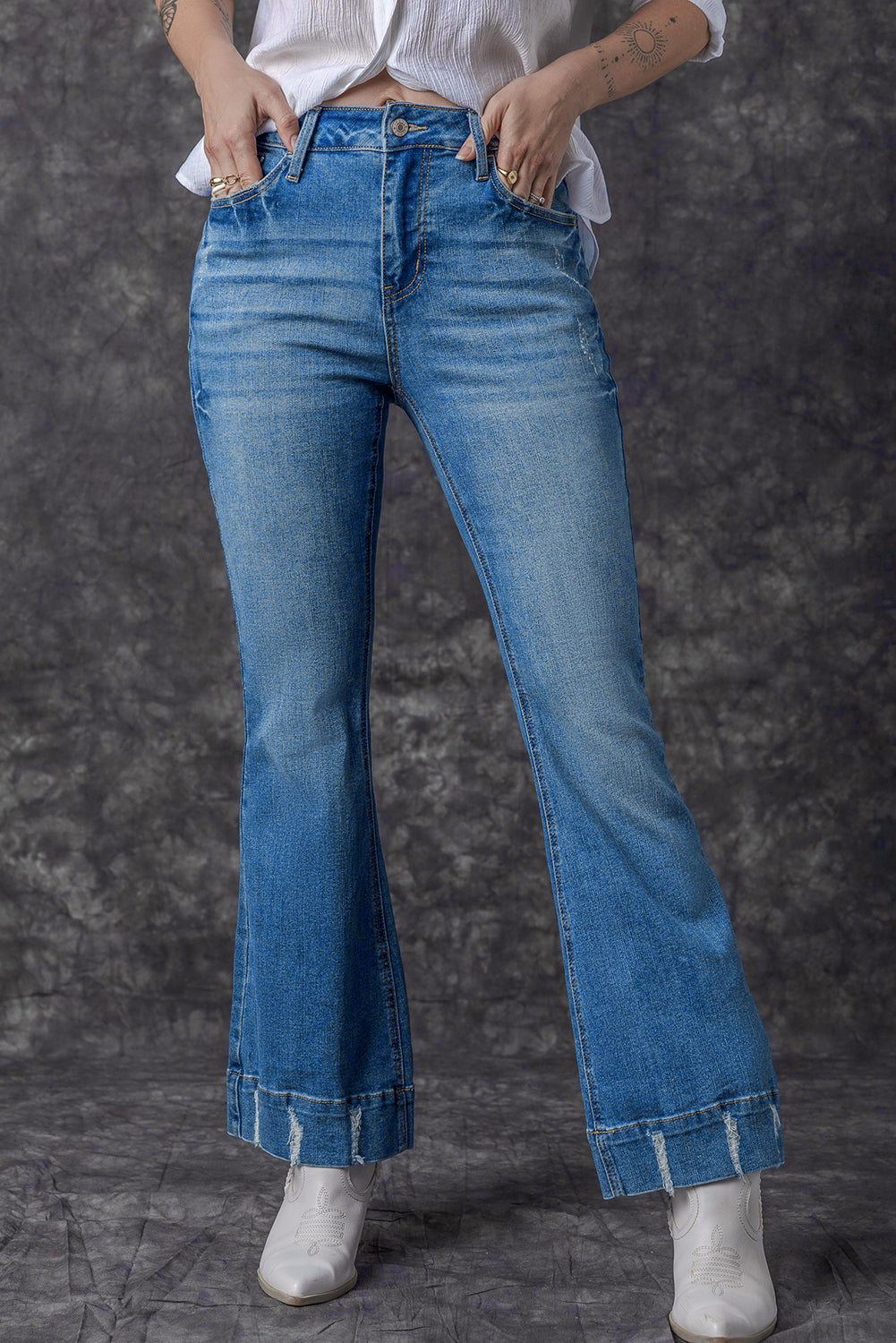 Sky Blue Slight Distressed Medium Wash Flare Jeans - Glimmer Road