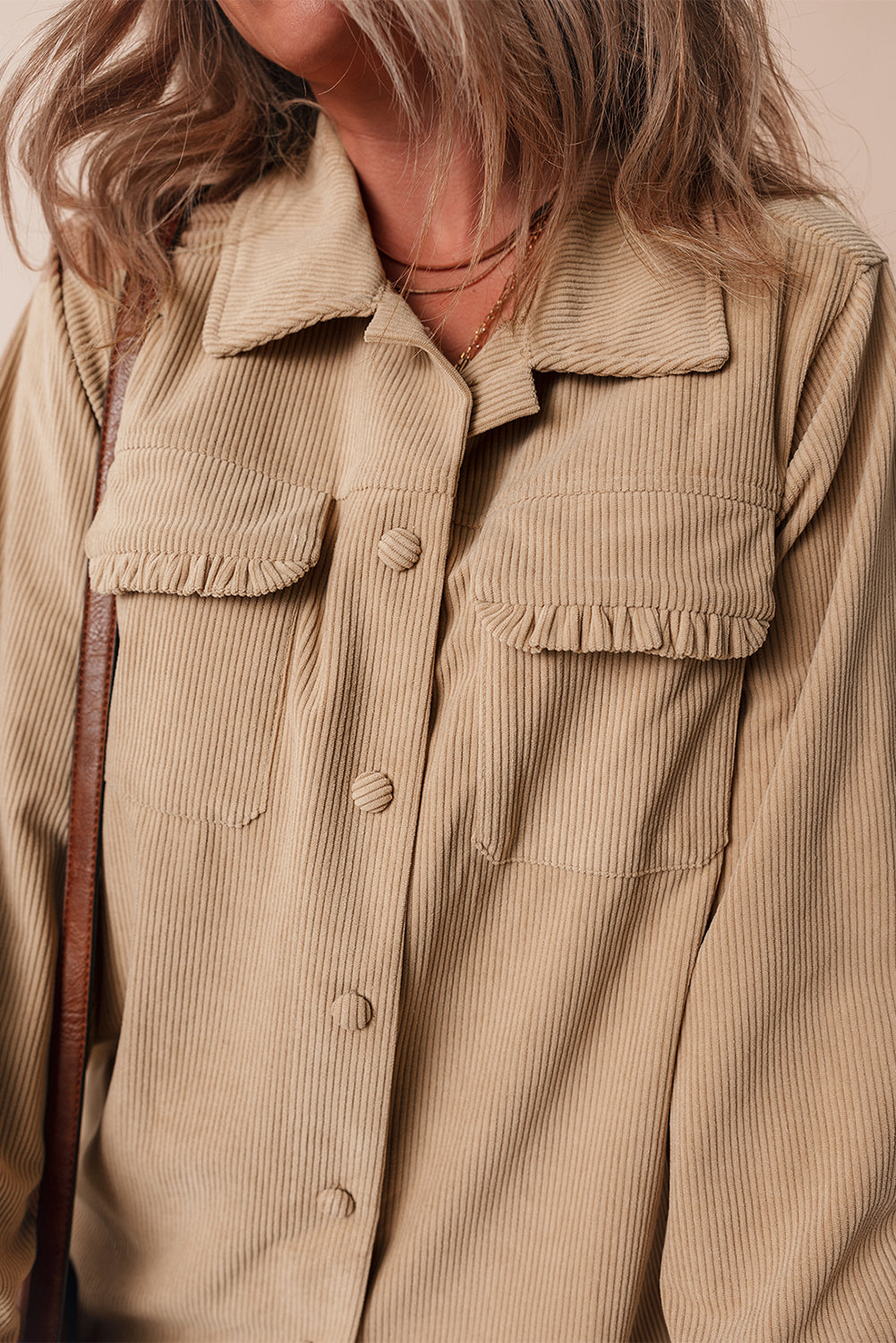 Light French Beige Solid Frilled Flap Pocket Button Up Corduroy Shacket - Glimmer Road
