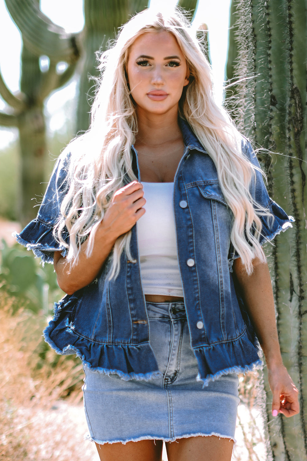 Peacock Blue Raw Edge Ruffled Short Sleeve Denim Jacket - Glimmer Road
