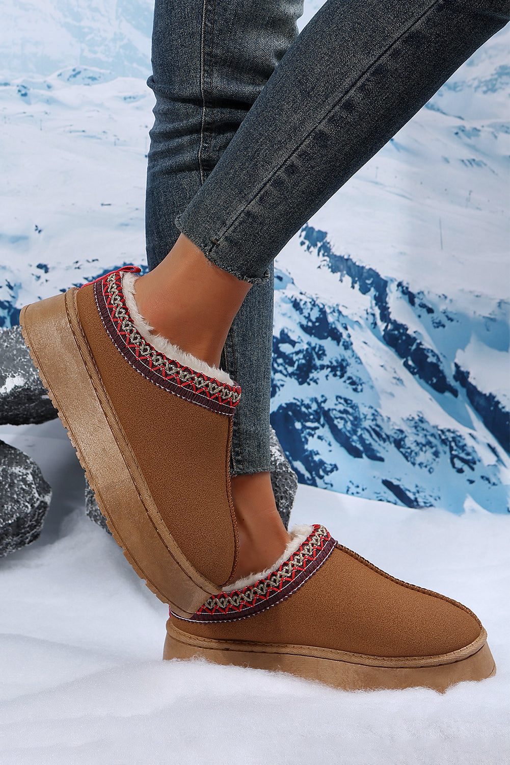 Chestnut Contrast Print Suede Plush Lined Snow Boots - Glimmer Road