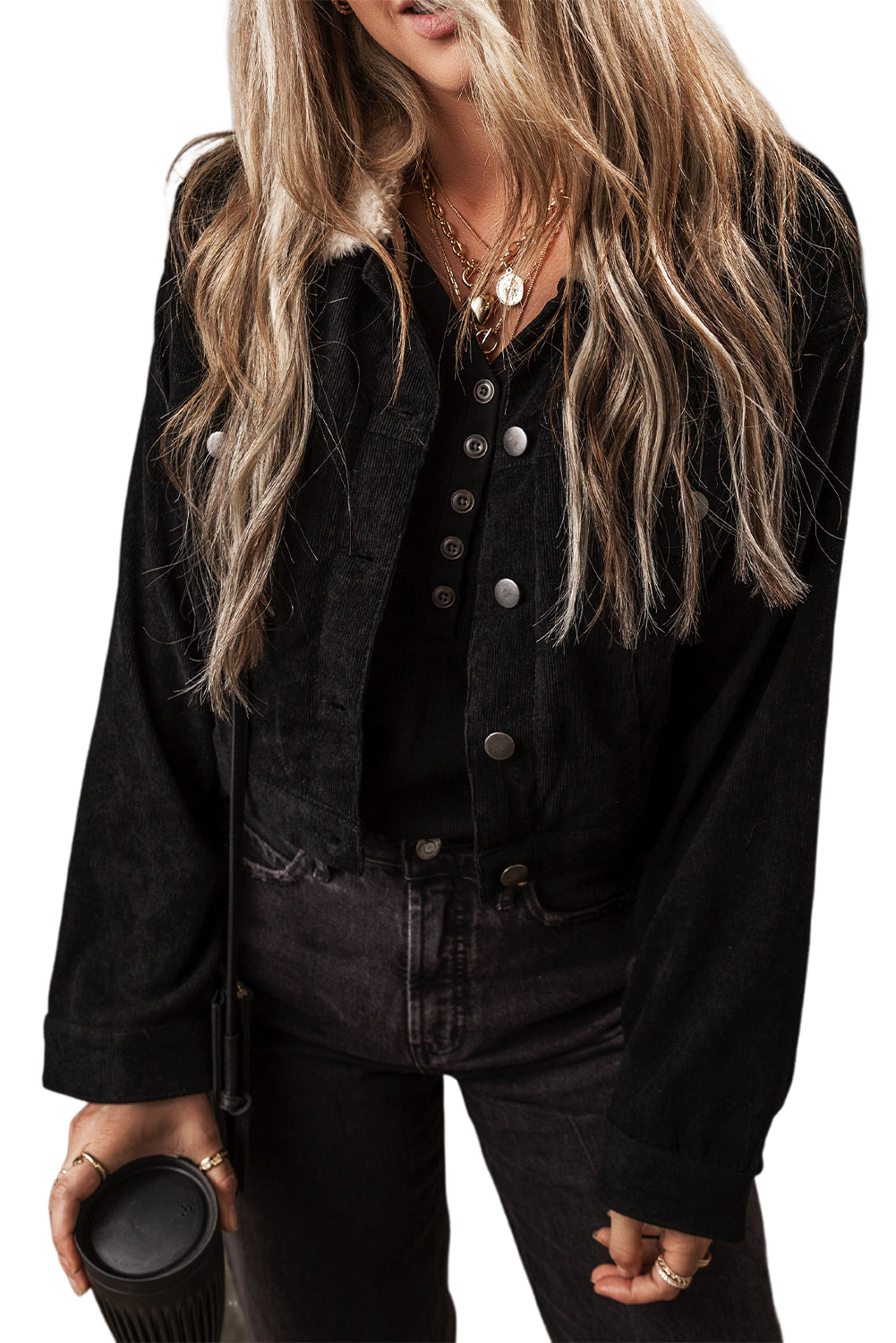 Black Fleece Lined Button-up Collared Corduroy Crop Jacket - Glimmer Road