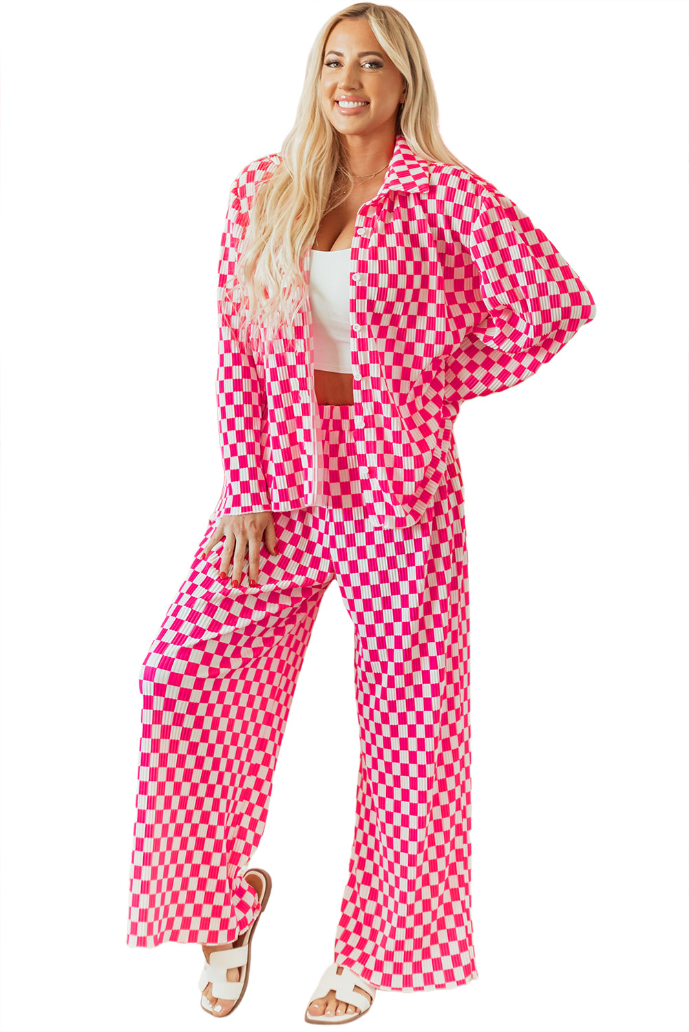 Pink Checkered Buttoned Shirt and High Waist Pants Pajama Set - Glimmer Road