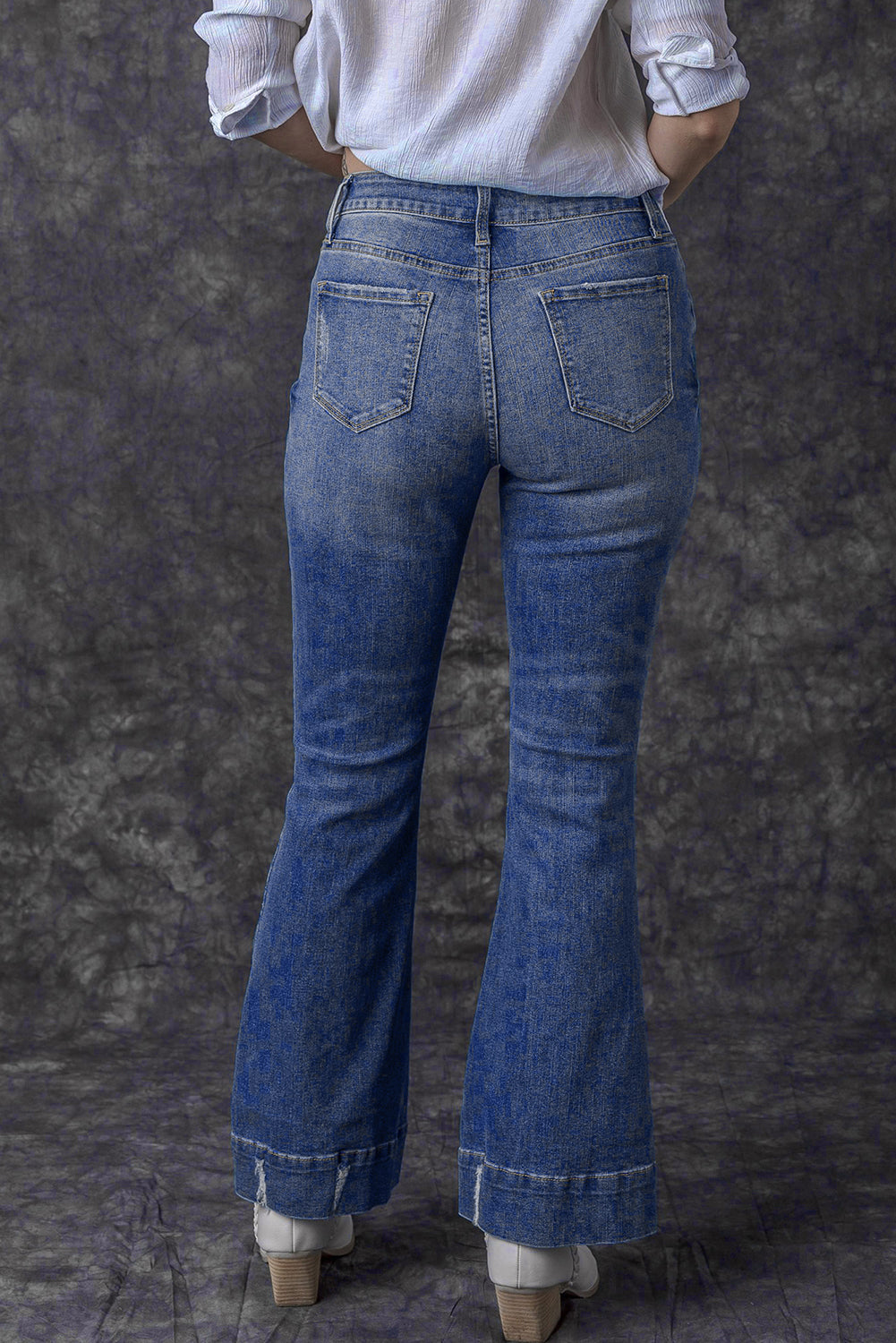 Sky Blue Slight Distressed Medium Wash Flare Jeans - Glimmer Road