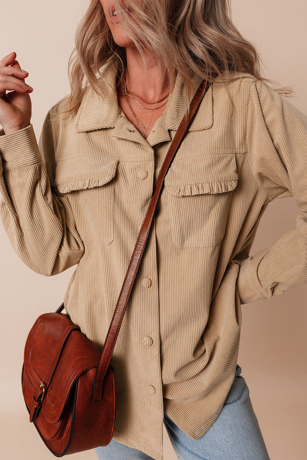 Light French Beige Solid Frilled Flap Pocket Button Up Corduroy Shacket - Glimmer Road