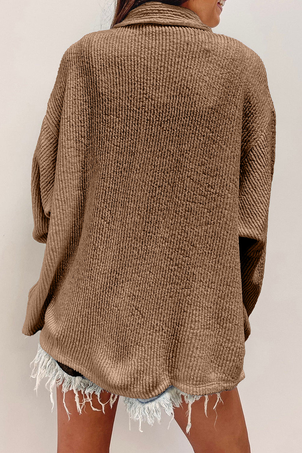 Dark Khaki Solid Color Corduroy Buttoned Long Sleeve Shacket - Glimmer Road