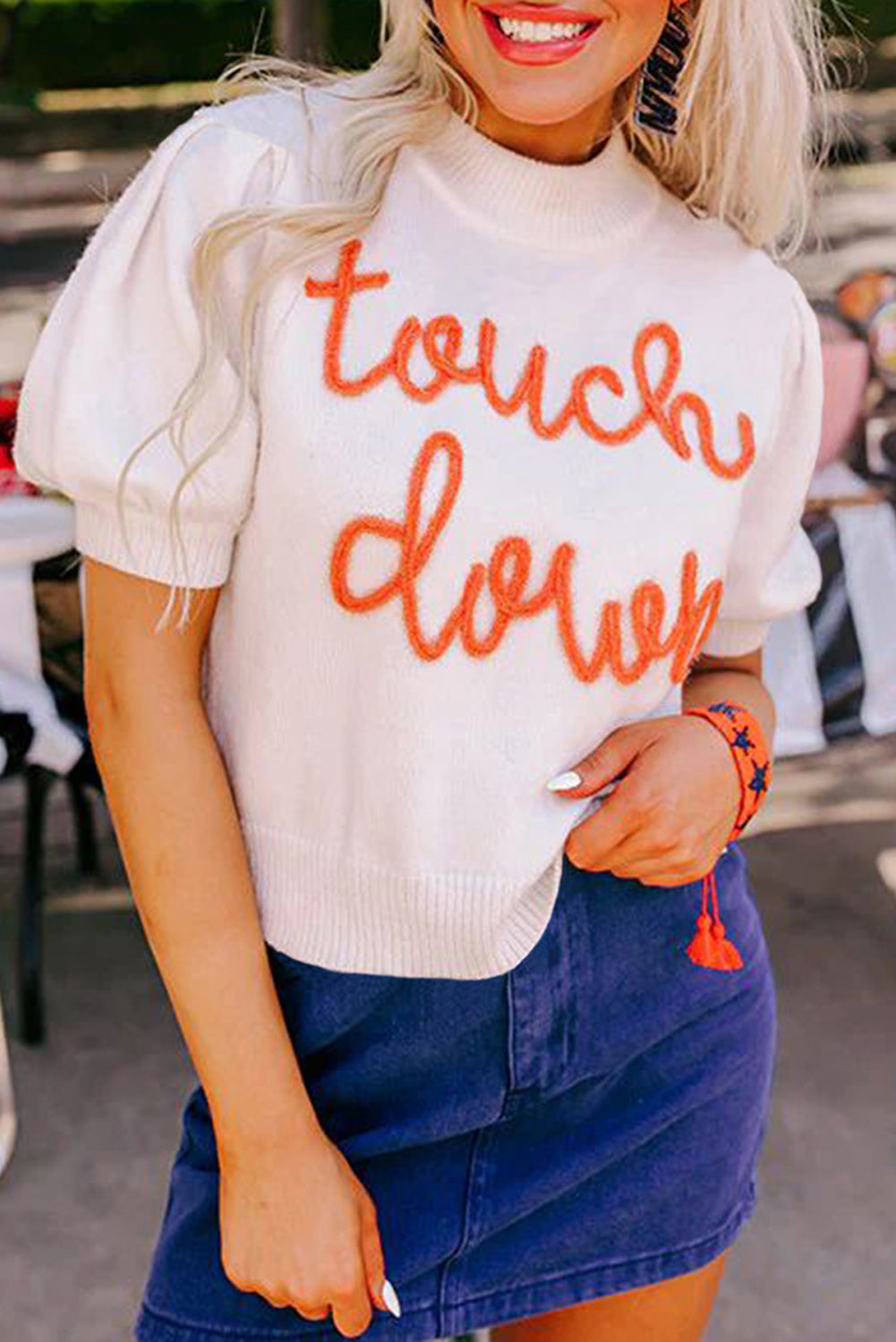 White Touchdown Tinsel Puff Short Sleeve Crew Neck Sweater - Glimmer Road