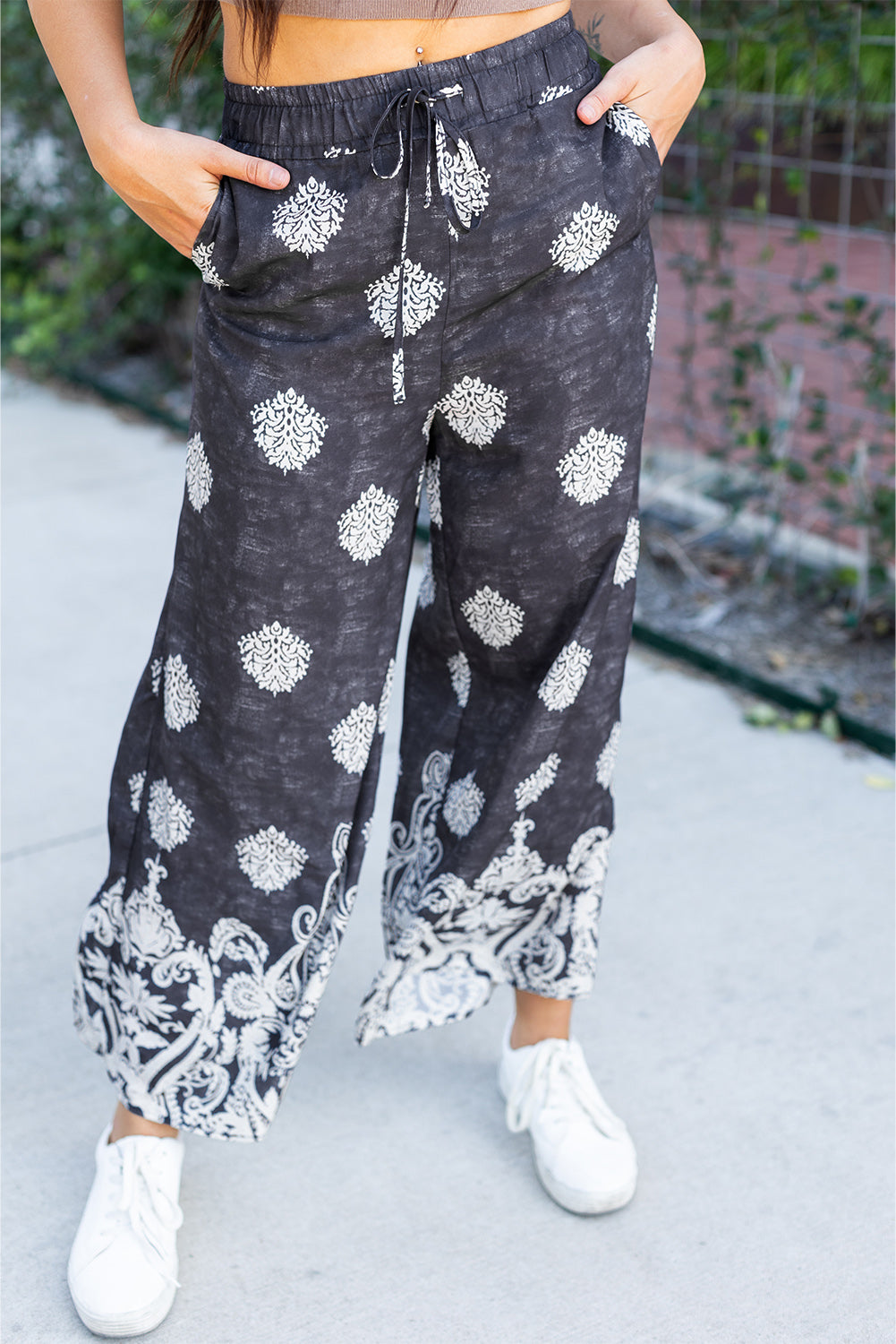 Black Bohemian Printed Drawstring Waist Wide Leg Pants - Glimmer Road