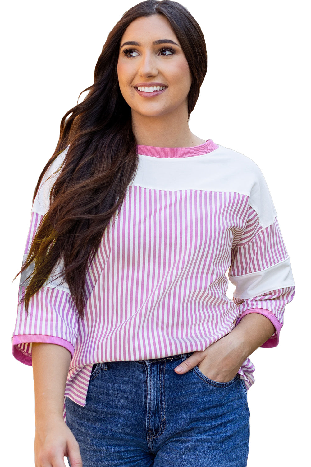 Phalaenopsis Striped Patchwork 3/4 Sleeve Oversize Top - Glimmer Road