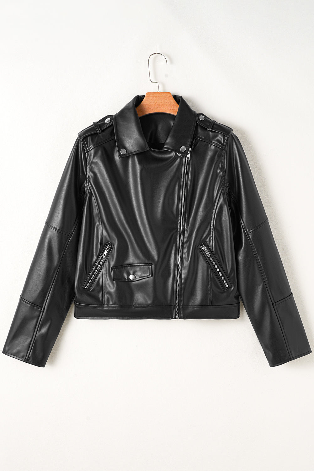 Black PU Leather Lapel Collar Zipper Jacket - Glimmer Road