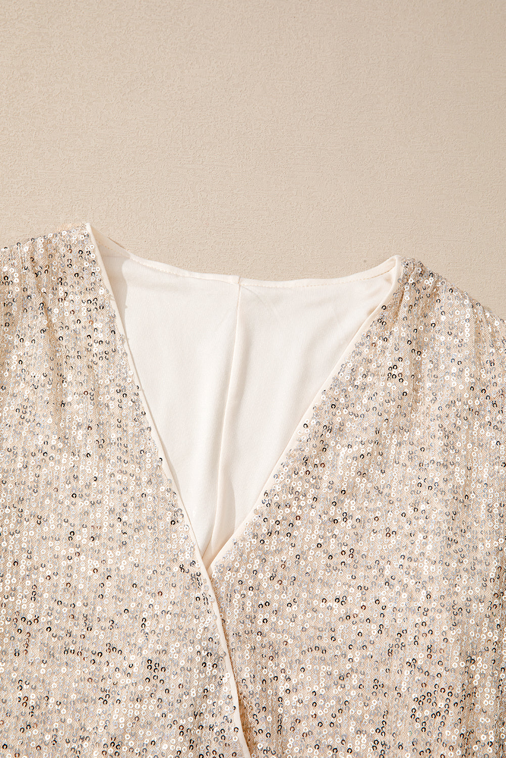 Beige Sequin Long Sleeve Wrap V Neck Bodysuit - Glimmer Road