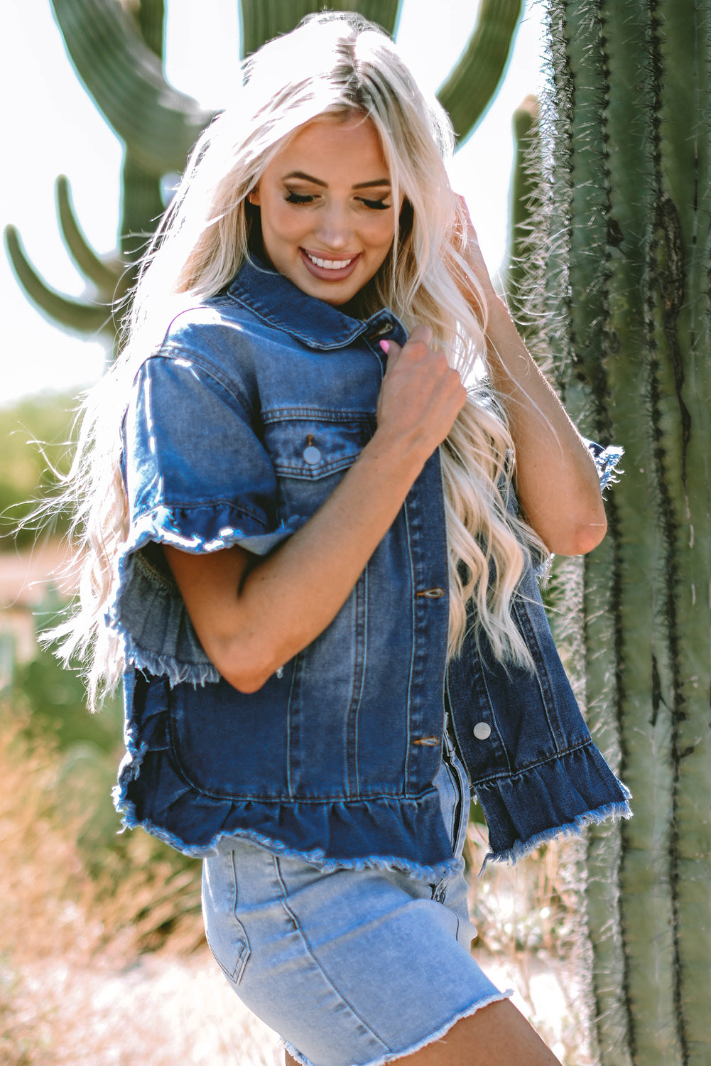 Peacock Blue Raw Edge Ruffled Short Sleeve Denim Jacket - Glimmer Road