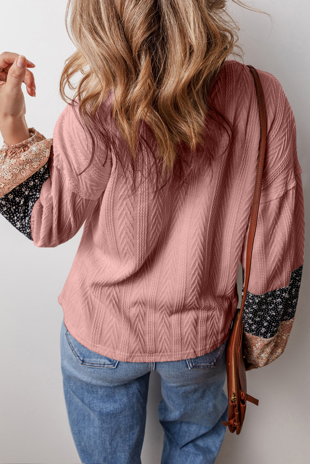 Black Floral Patchwork Textured Knit Drawstring V Neck Blouse - Glimmer Road