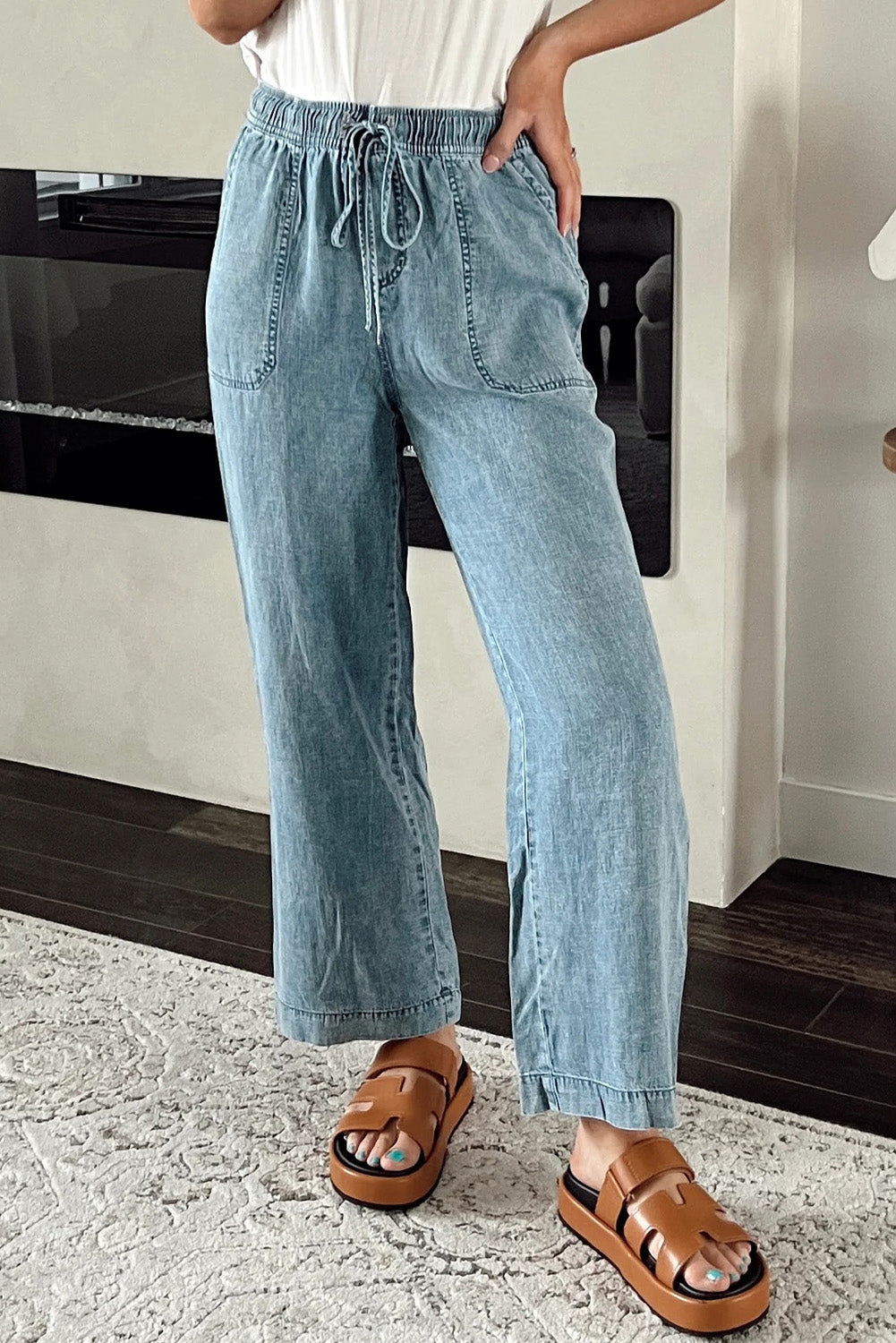 Myosotis Mineral Wash Drawstring Waist Loose Straight Denim Pants - Glimmer Road