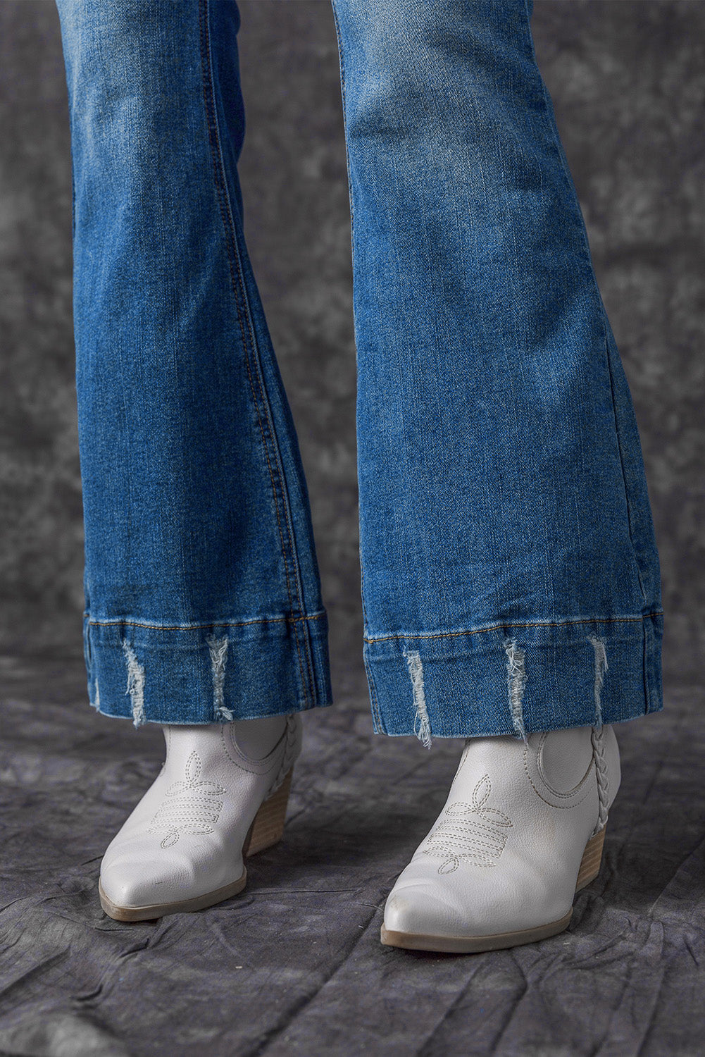 Sky Blue Slight Distressed Medium Wash Flare Jeans - Glimmer Road