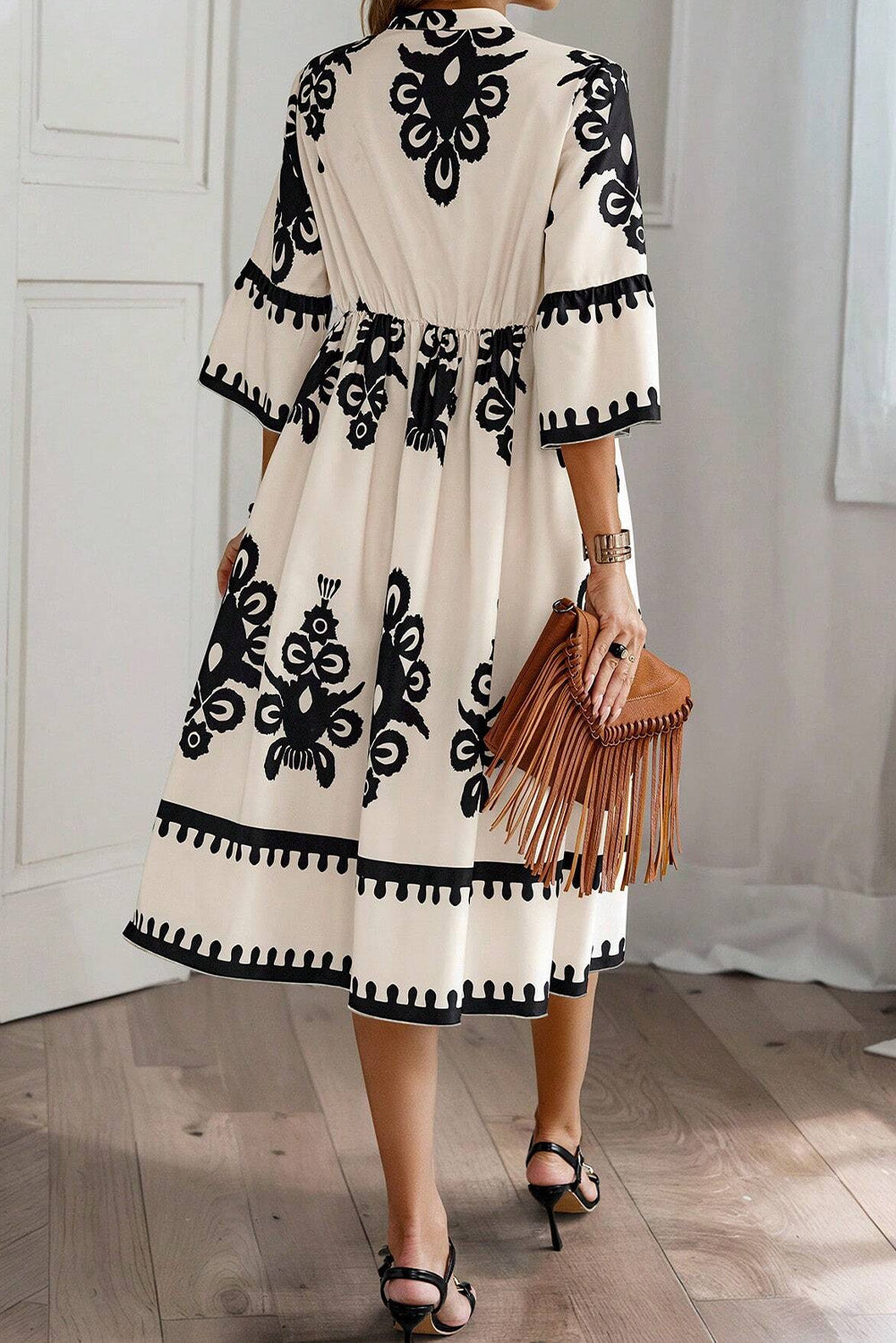 Beige Western Geometric Print 3/4 Sleeve Loose Midi Dress - Glimmer Road