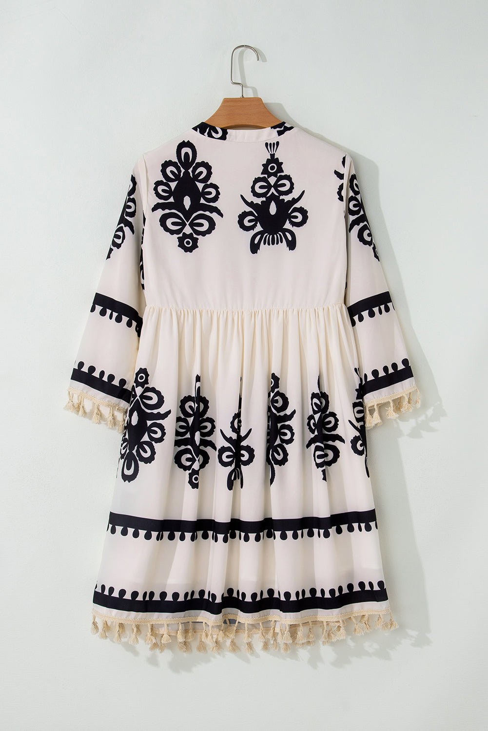 Beige Western Pattern Print Tasseled Notch V Neck Mini Dress - Glimmer Road