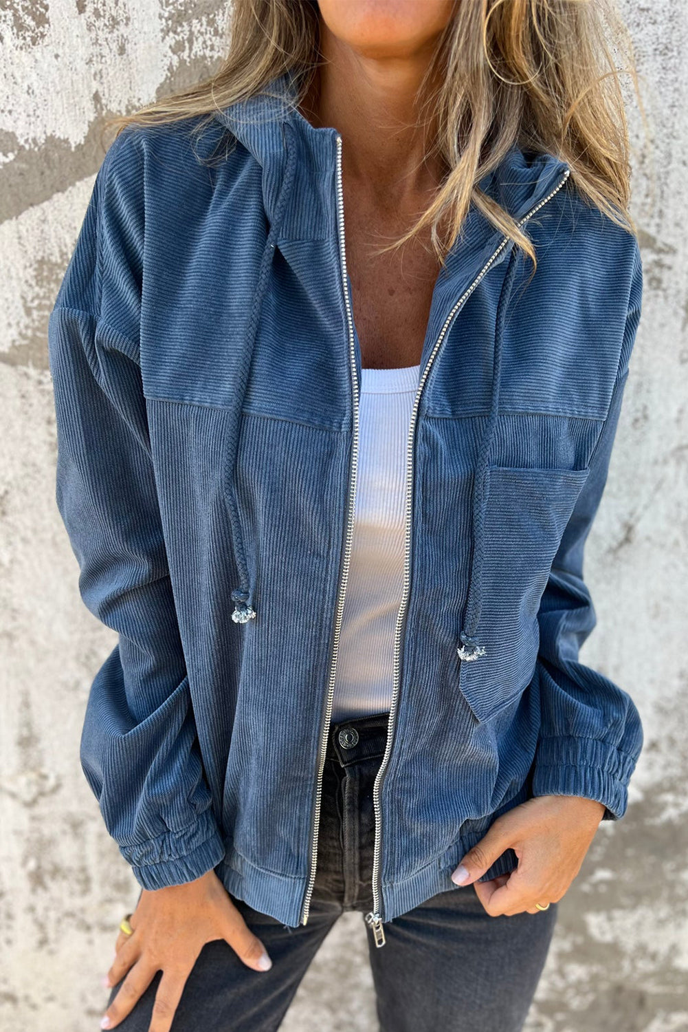 Real Teal Corduroy Drawstring Hooded Pocket Zip Up Jacket - Glimmer Road