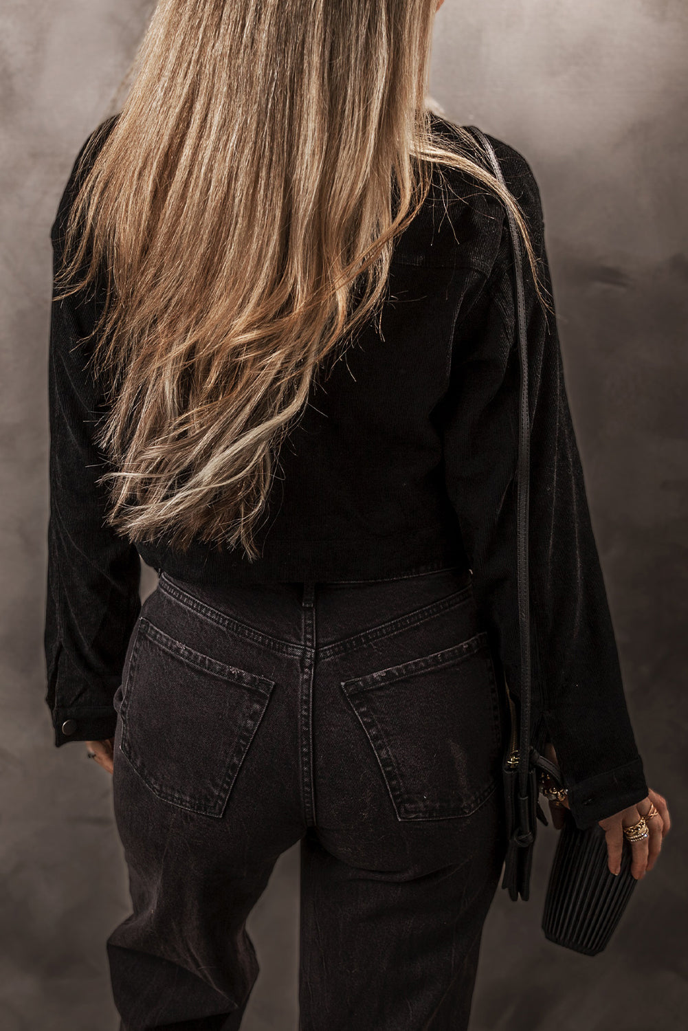 Black Fleece Lined Button-up Collared Corduroy Crop Jacket - Glimmer Road