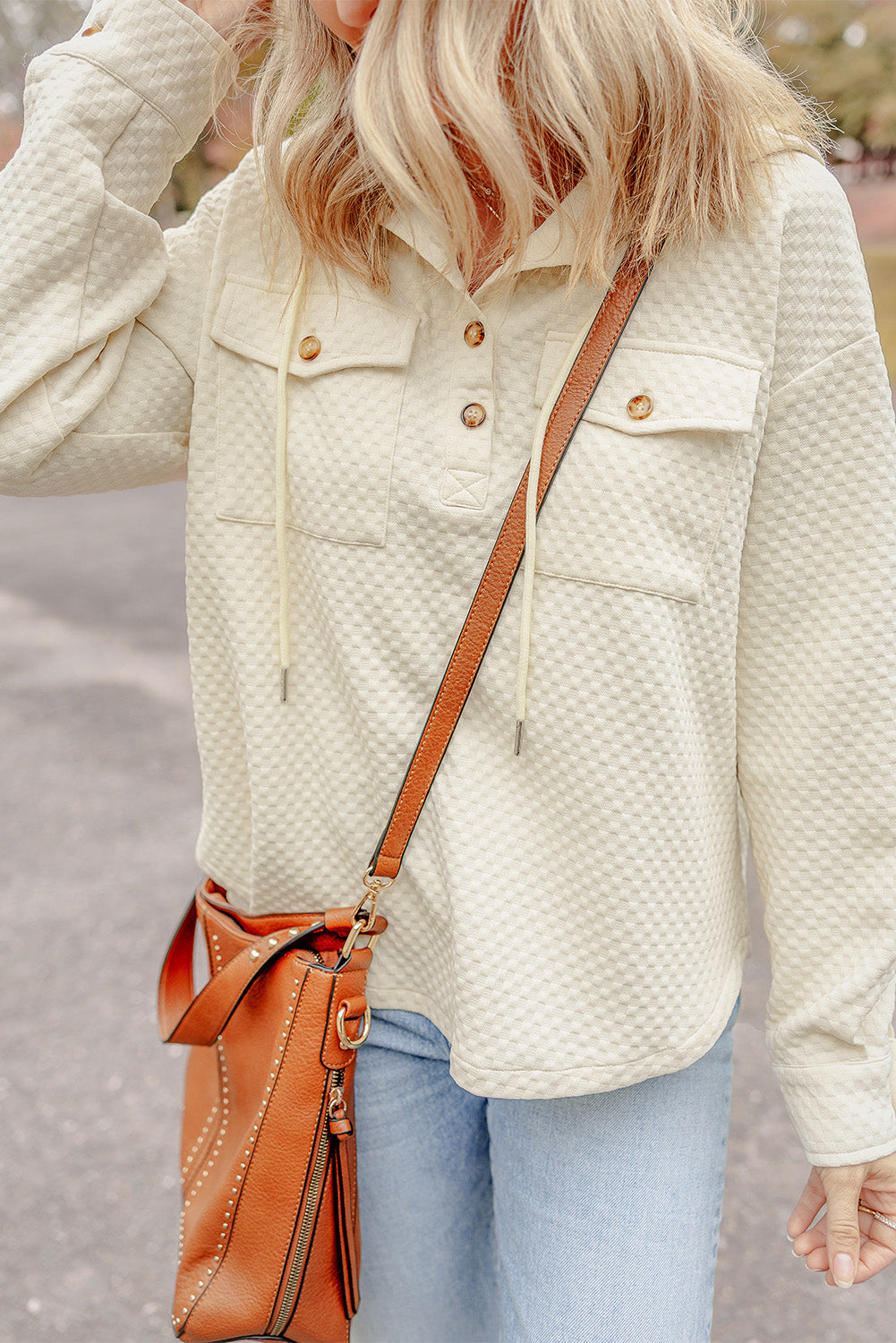 Apricot Textured Buttoned Neckline Side Pockets Hoodie - Glimmer Road