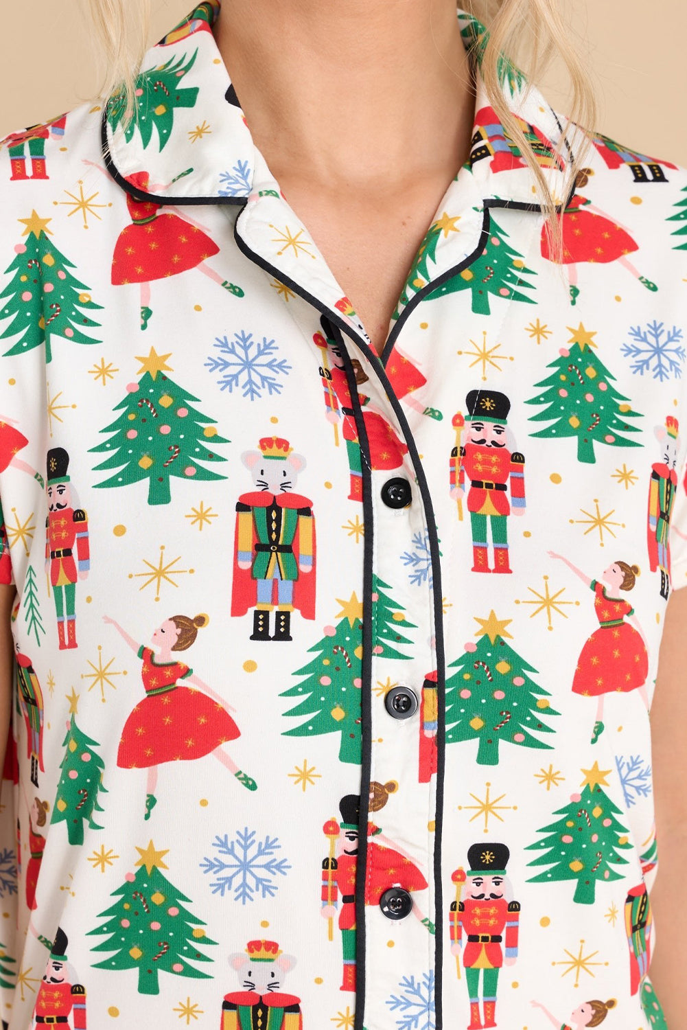 White Printed Christmas Pattern Buttoned Two Piece Sleepwear - Glimmer Road