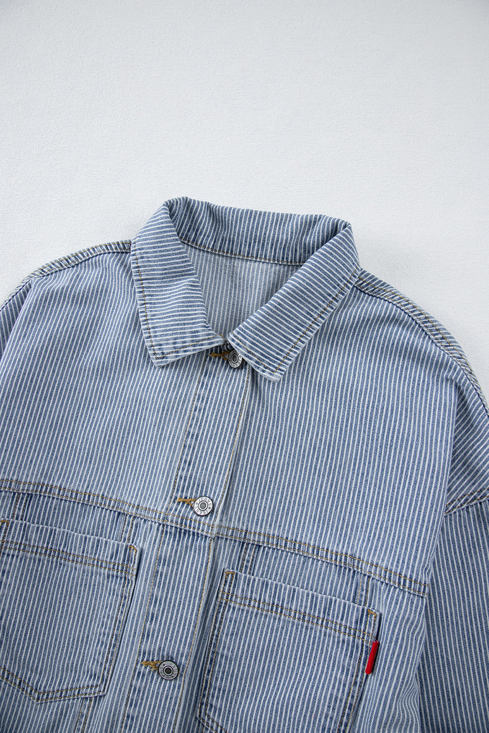 Sky Blue Stripe Washed Oversize Pocketed Denim Jacket - Glimmer Road