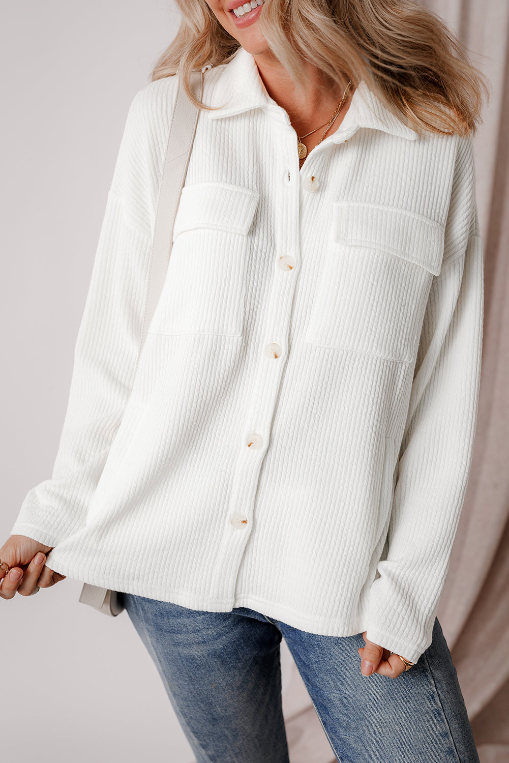 Dark Khaki Solid Color Corduroy Buttoned Long Sleeve Shacket - Glimmer Road