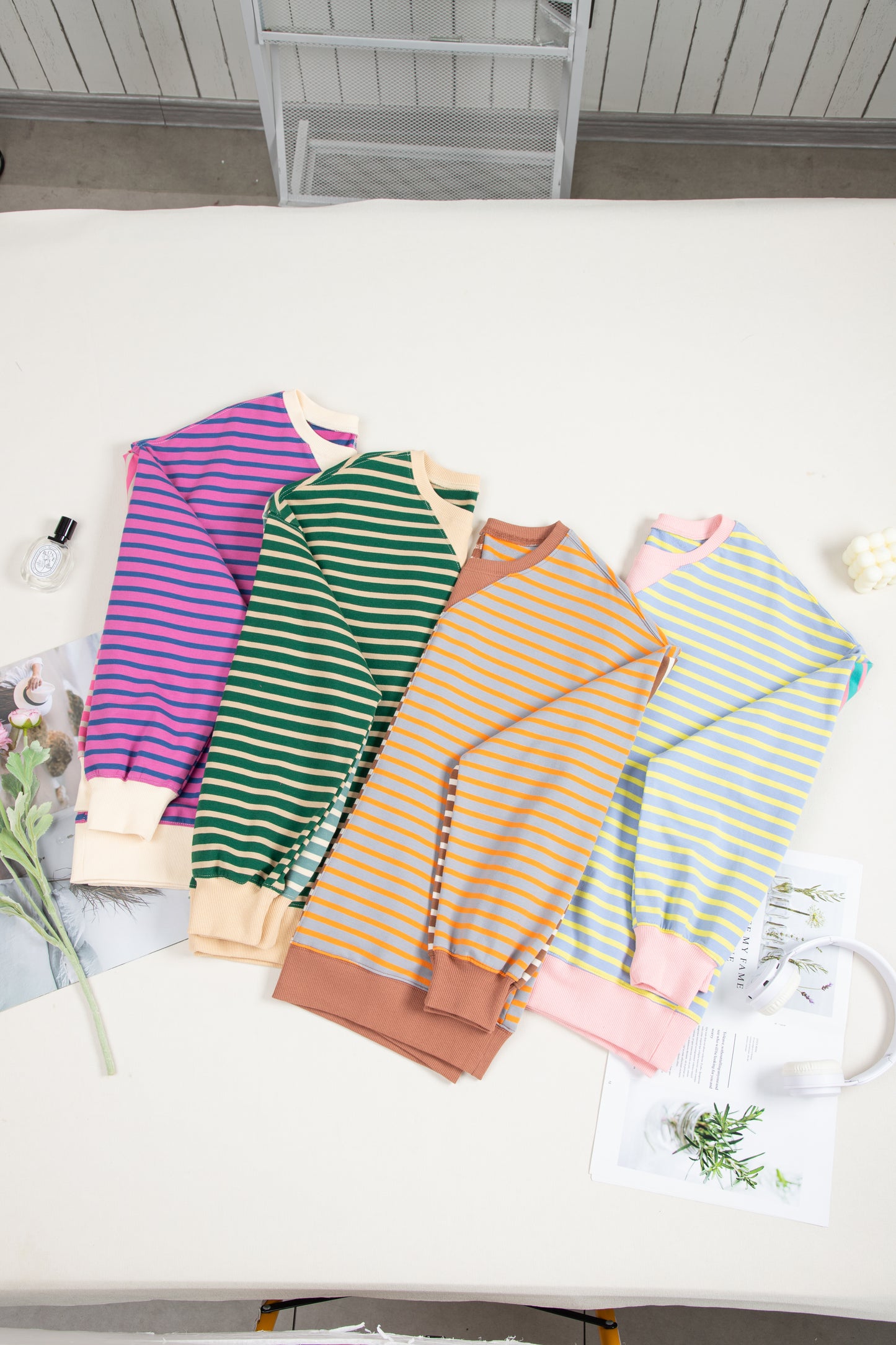 Green Stripe Casual Stripe Colorblock Drop Shoulder Oversize Sweatshirt - Glimmer Road