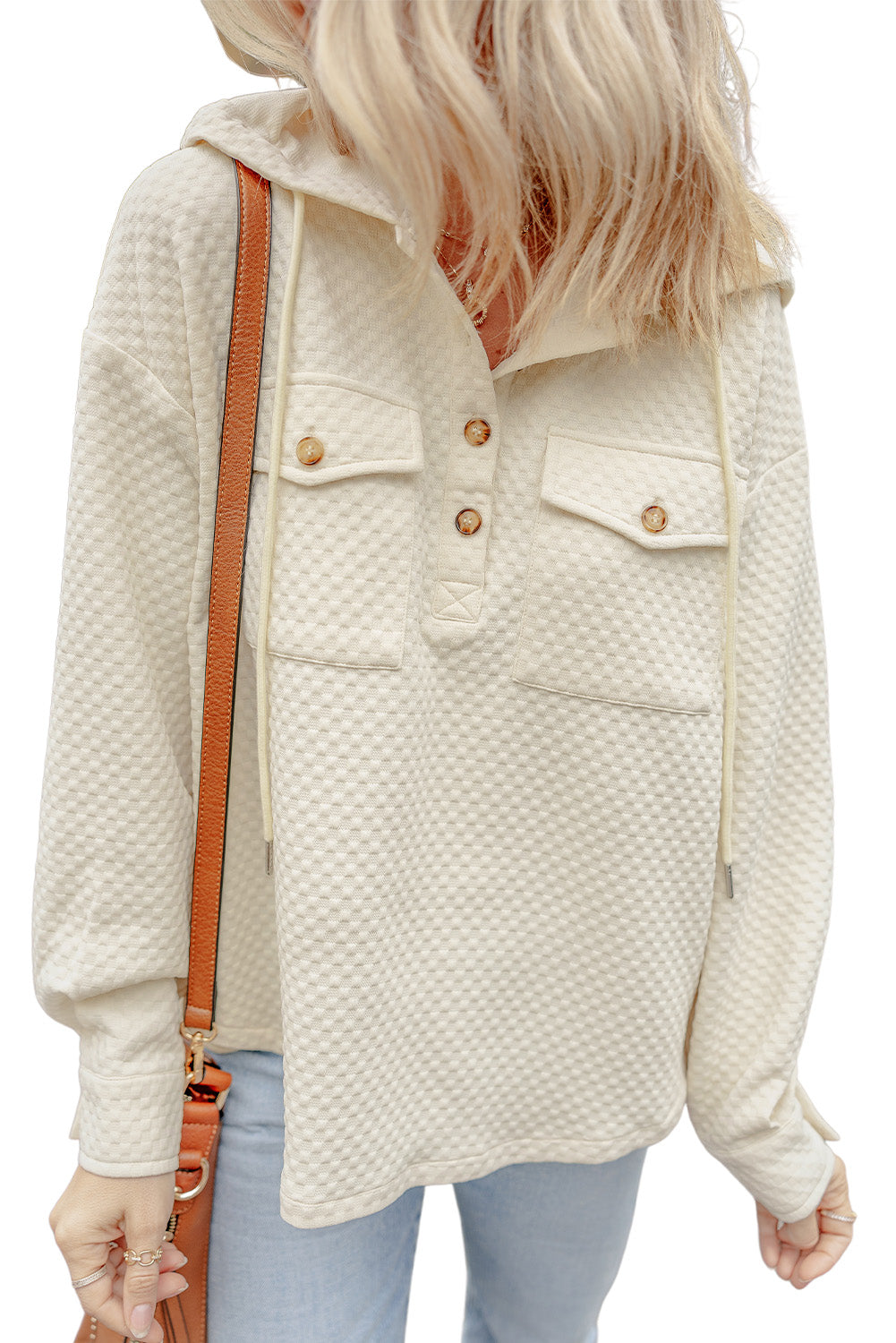 Apricot Textured Buttoned Neckline Side Pockets Hoodie - Glimmer Road