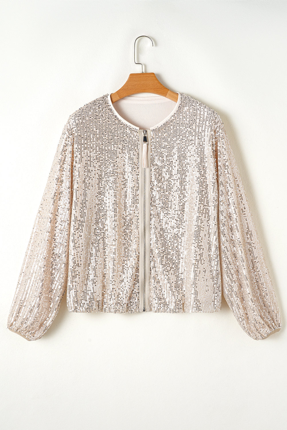 Apricot Sequin Zip up Round Neck Long Sleeve Jacket - Glimmer Road