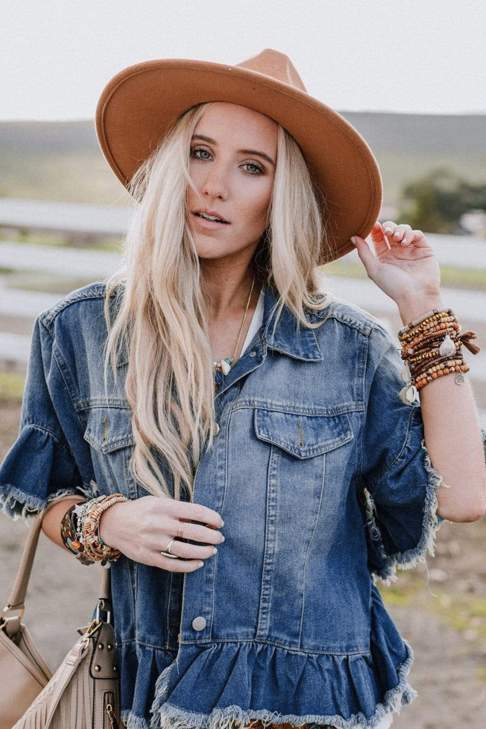 Peacock Blue Raw Edge Ruffled Short Sleeve Denim Jacket - Glimmer Road