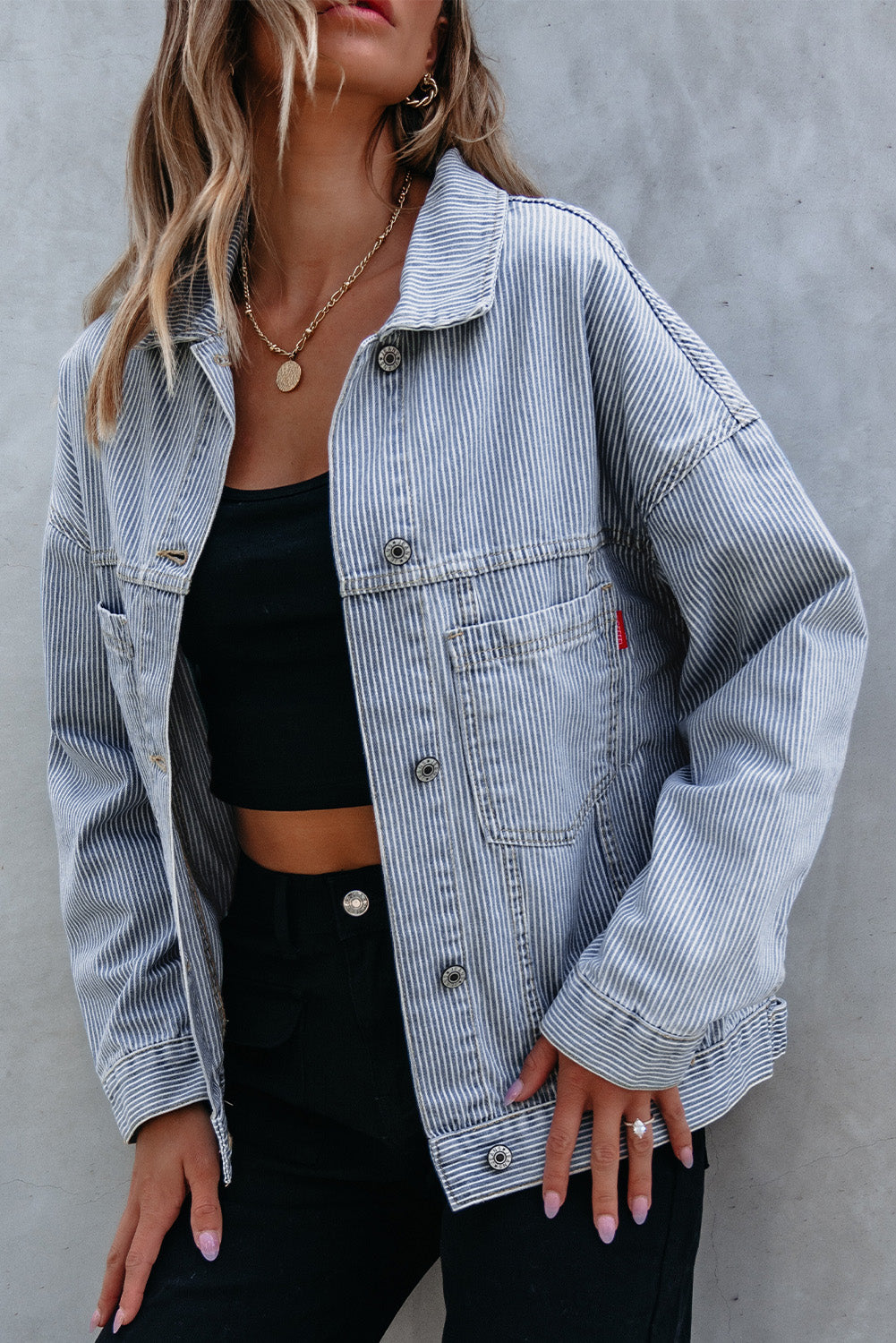 Sky Blue Stripe Washed Oversize Pocketed Denim Jacket - Glimmer Road
