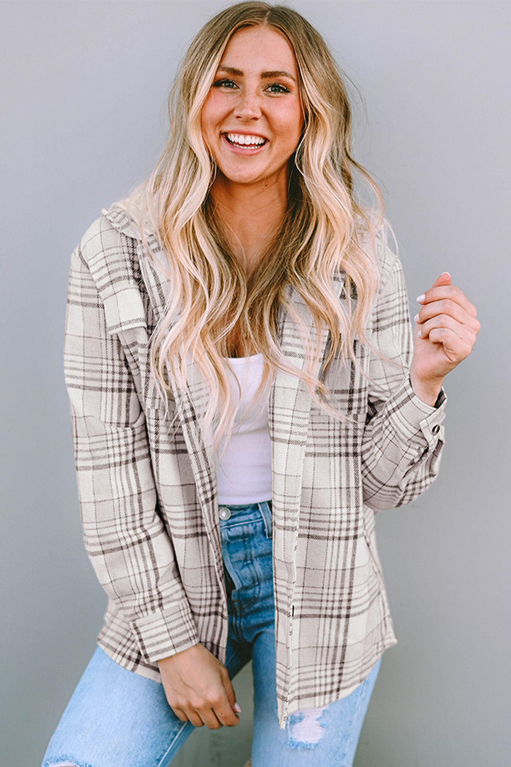 Khaki Plaid Removable Hood Buttoned Shacket - Glimmer Road