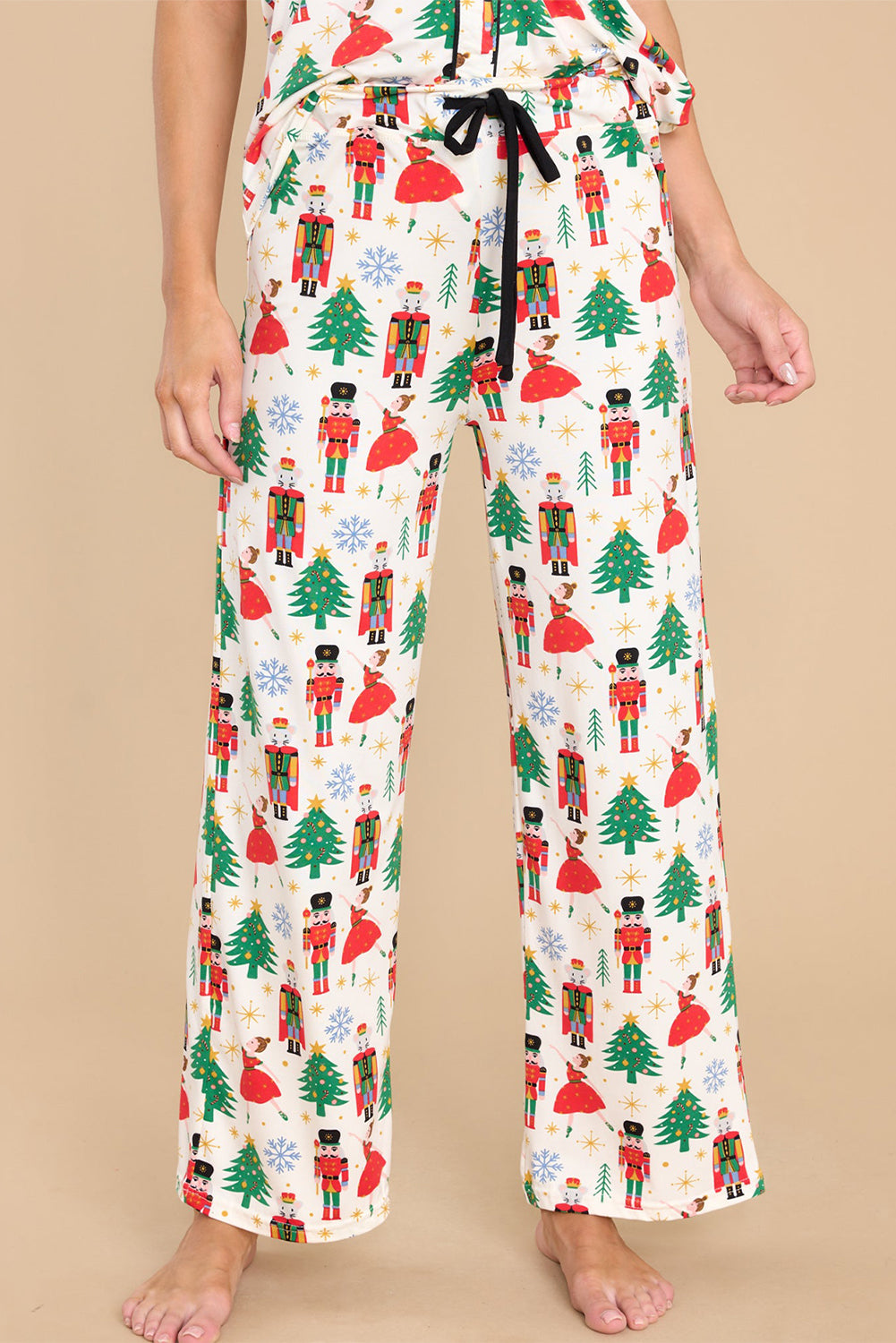 White Printed Christmas Pattern Buttoned Two Piece Sleepwear - Glimmer Road