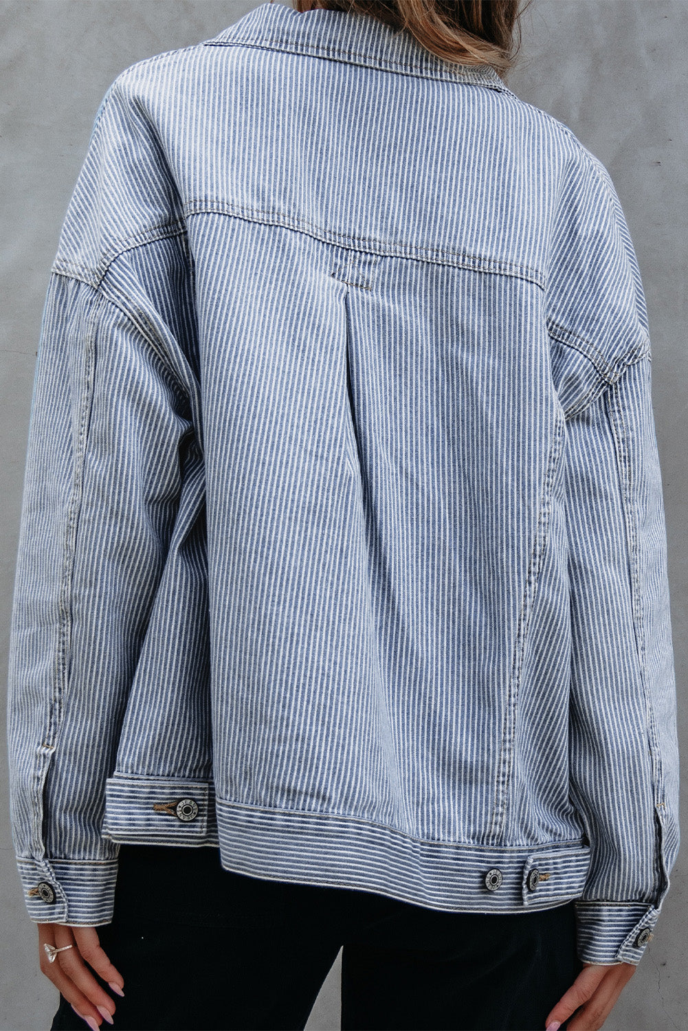 Sky Blue Stripe Washed Oversize Pocketed Denim Jacket - Glimmer Road