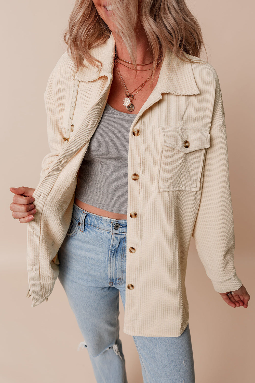 Oatmeal Corduroy Flap Pocket Button Up Shacket - Glimmer Road