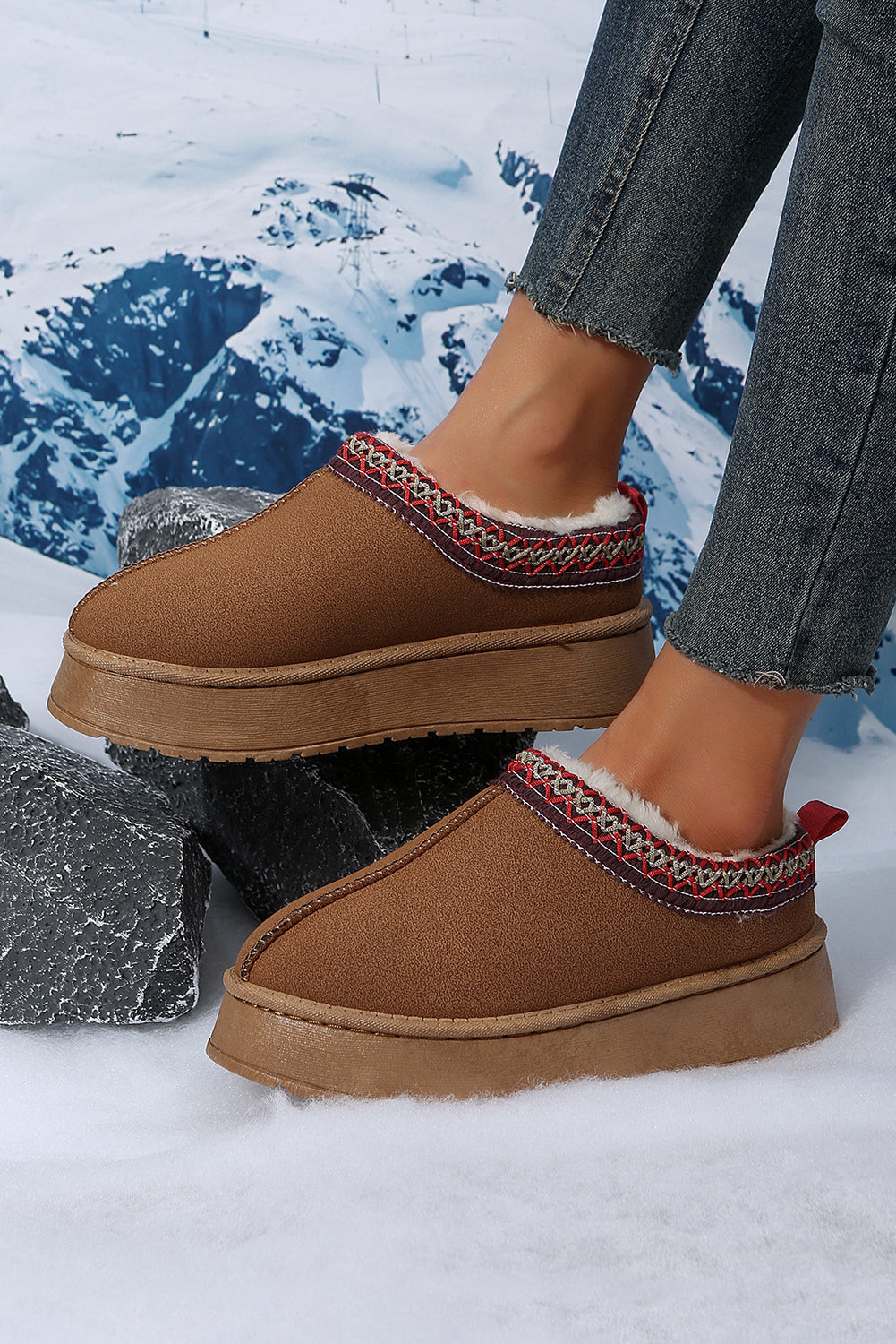 Chestnut Contrast Print Suede Plush Lined Snow Boots - Glimmer Road