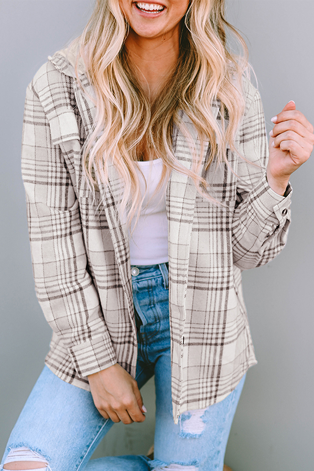 Khaki Plaid Removable Hood Buttoned Shacket - Glimmer Road