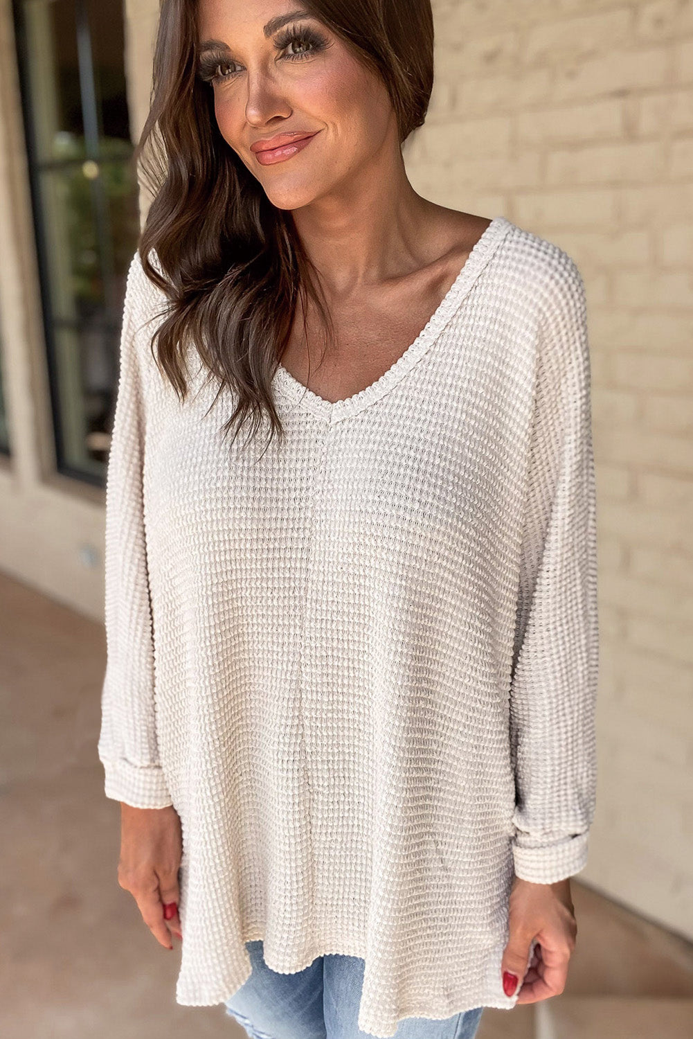 White Waffle Knit Side Slits Loose Fit V Neck Top - Glimmer Road