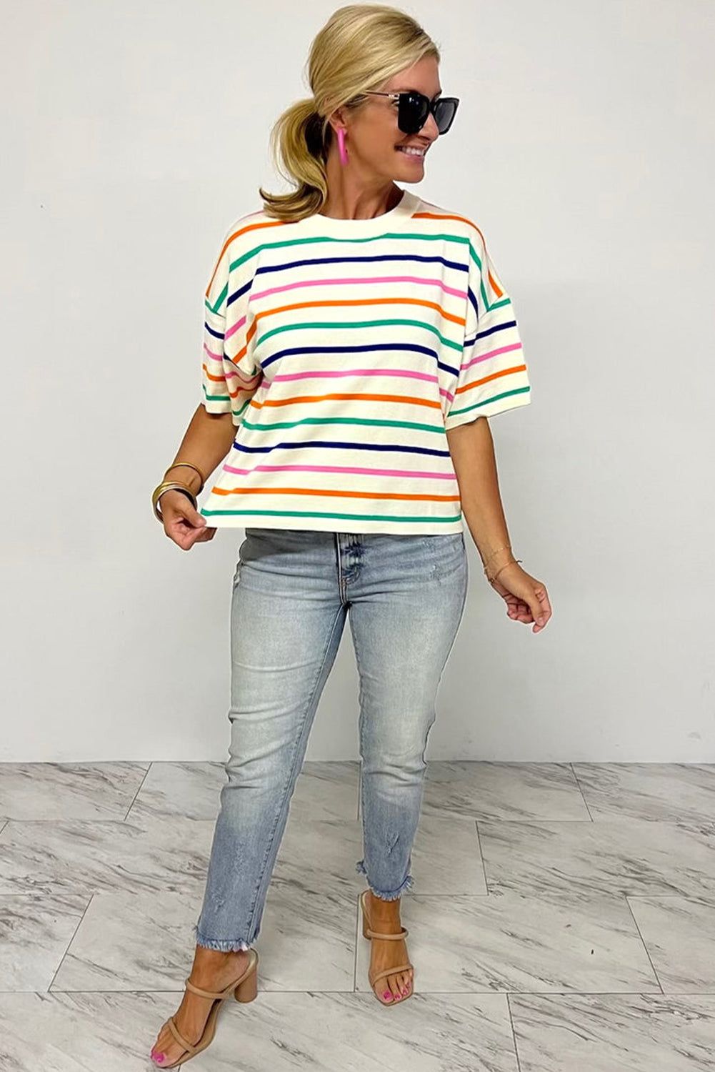 Beige Stripe Dropped Short Sleeve Boxy Fit Knitted Top - Glimmer Road