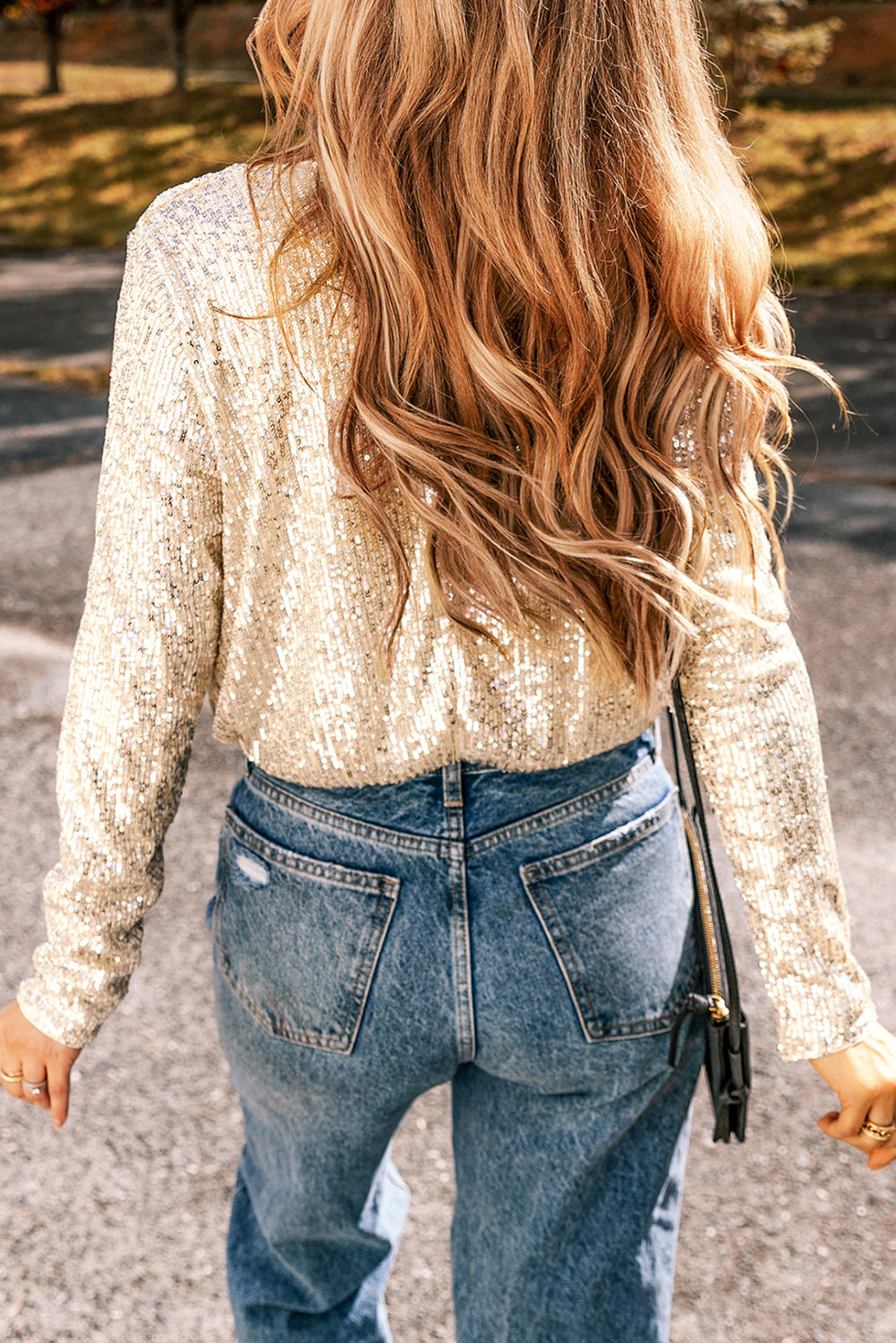 Beige Sequin Long Sleeve Wrap V Neck Bodysuit - Glimmer Road