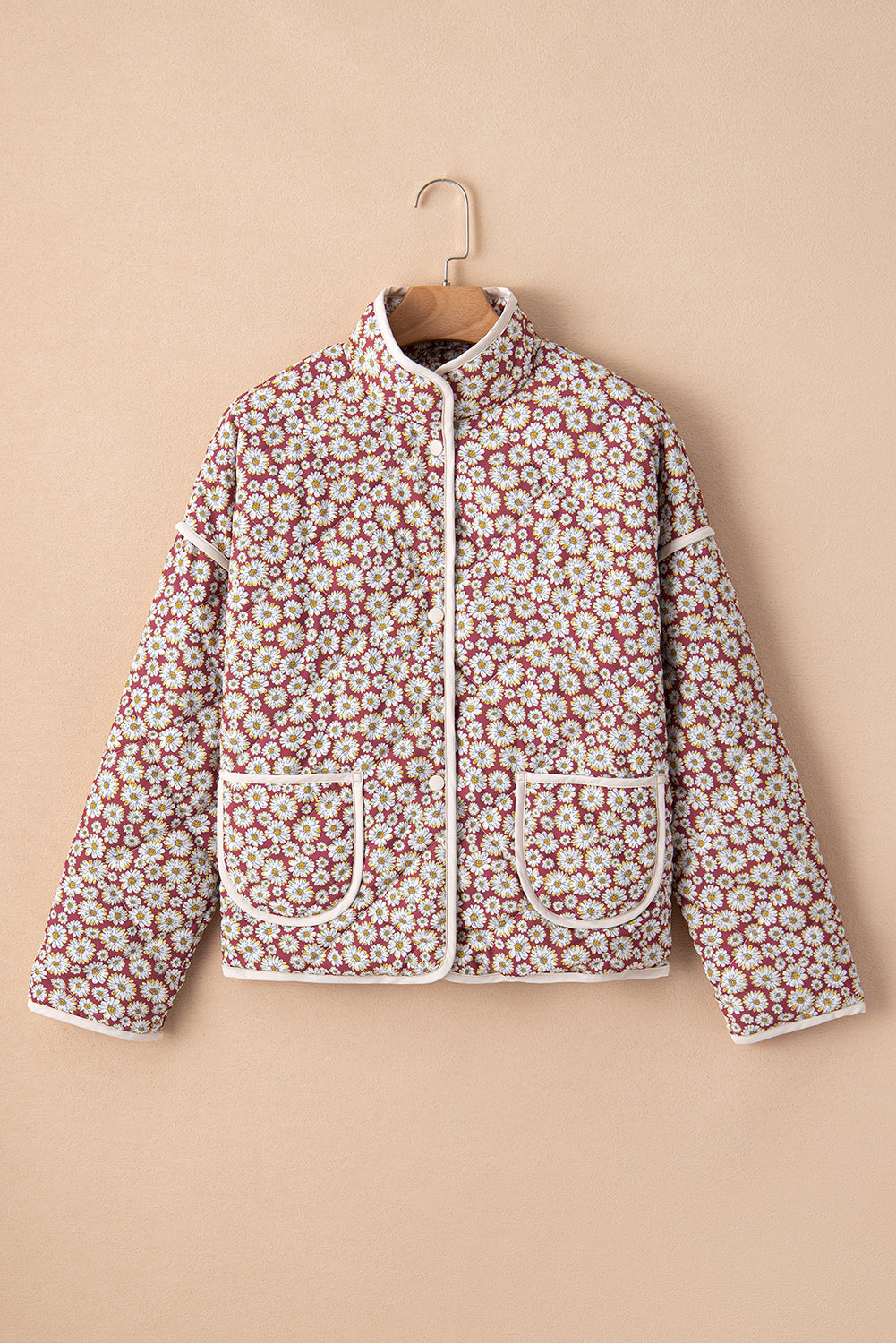 Pink Floral Print Contrast Edge Stand Neck Coat - Glimmer Road